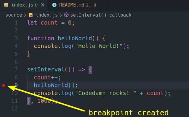 Created a breakpoint in VS Code
