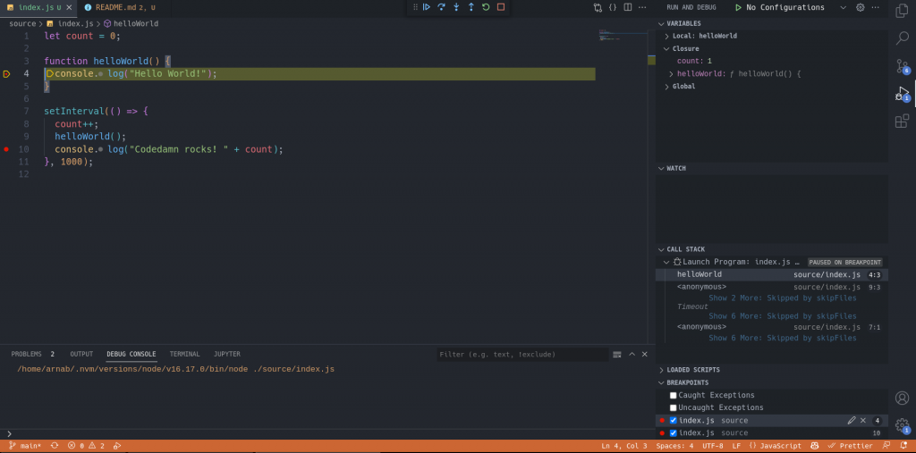 The current breakpoint is highlighted by VS Code
