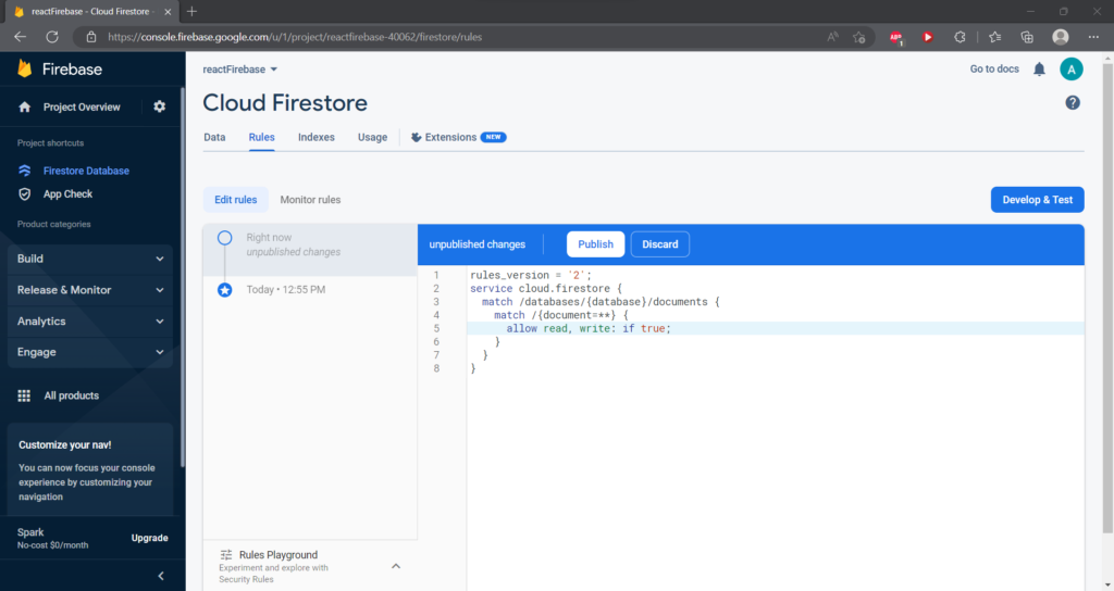 Change the Firebase Rules in order to access the Database using the Code